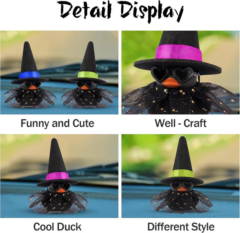 wonuu Car Dashboard Witch Black Rubber Ducks for Halloween, Decorations Duck for Office Desk Ornament Accessories with Hat Glasses Skirt, Green - Image 4